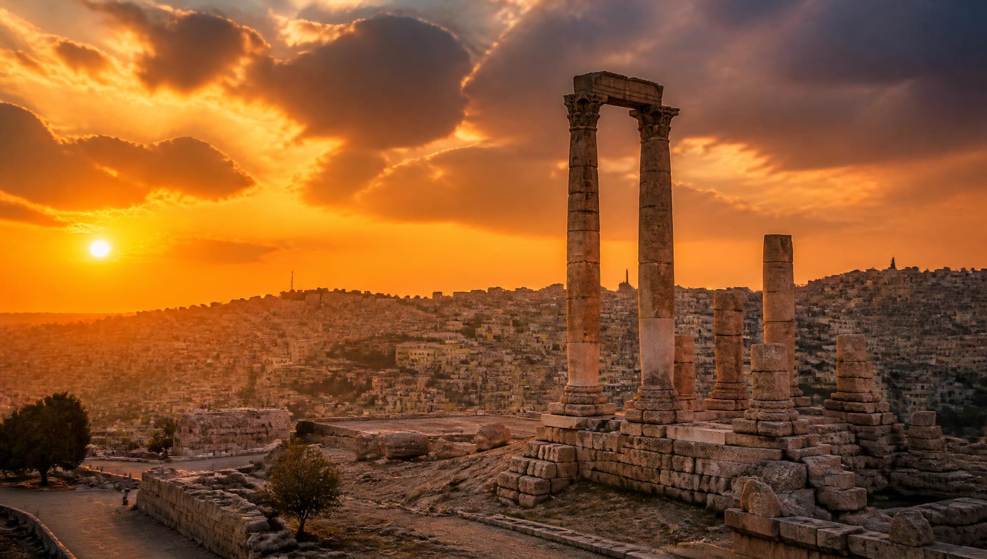 Sunset over the Amman Citadel with ancient Roman columns and the white city skyline